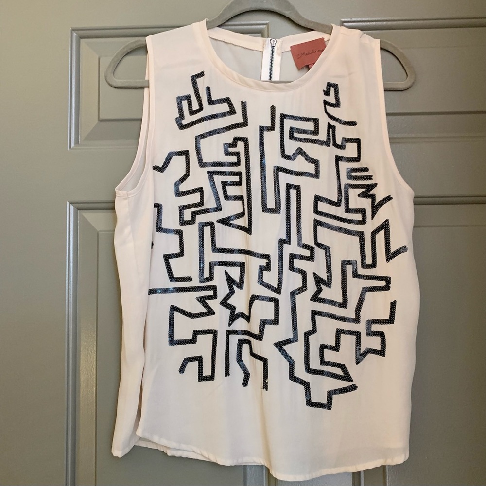 Sheer Tank top w Black Sequin Pattern size M